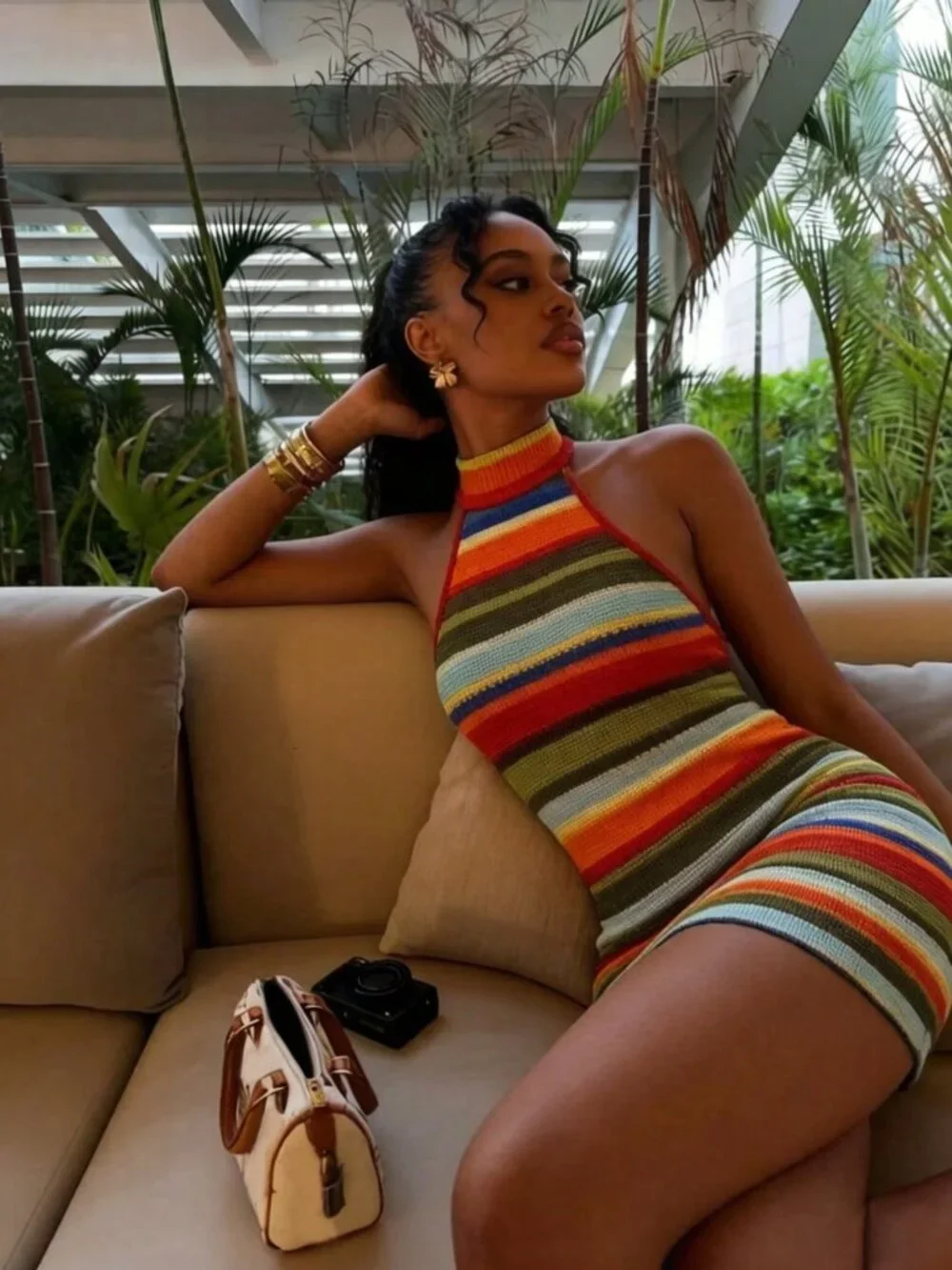 Multicolor Casual Women's Colorblock Spaghetti Strap Backless Beach mini  Dress - Picture 5 of 9